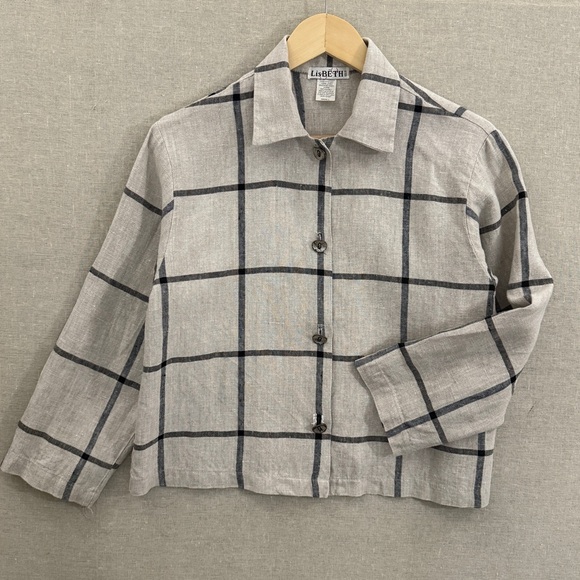 LisBETH Tops - Lisbeth Windowpane Plaid Cropped Linen Button-Down Shirt Small